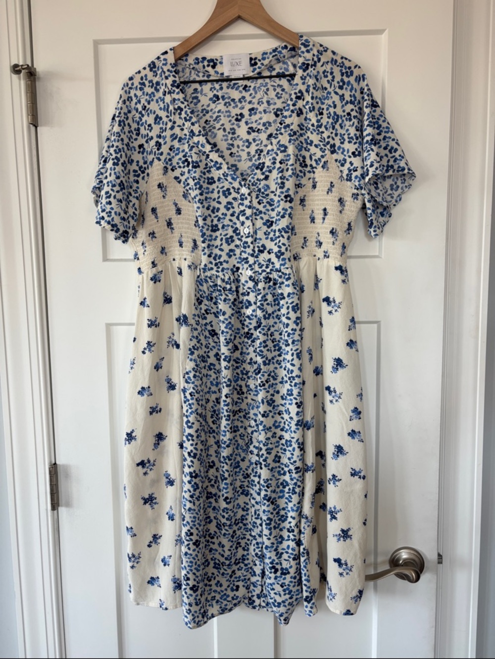 Seraphine Luxe Maternity Nursing White Blue Floral Flutter Sleeve Dress US 14
